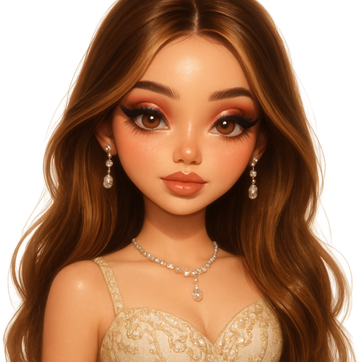 luxury glossy bratz-anime romantic aesthetic, warm cinematic glow, crisp clean detail, glossy glam skin. petite girl, warm soft-autumn tone, fair skin, honey-brown almond eyes, soft freckles, warm toasty glam makeup, glossy nude lips, flutter lashes, warm burgundy makeup, sweet Belle-princess vibe, very long brunette honey balayage hair with visible light honey blonde highlights, straight & voluminous, Sabrina Carpenter blowout, high shine, cream vintage ‘91 Bob Mackie Embellished Gown, dangly diamond necklace & earrings, winter pop-princess energy, shimmer highlight, sparkly glow