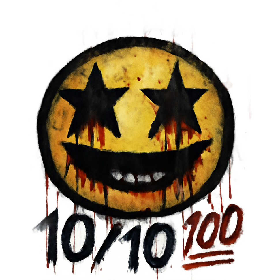 Abstractly dark, edgy, funky, macabre, gritty, lurid rating for a “10/10 Star Rating” or “Perfect 🤩💯”. Dripping blood. Graffiti funky grunge. Watercolour blood.