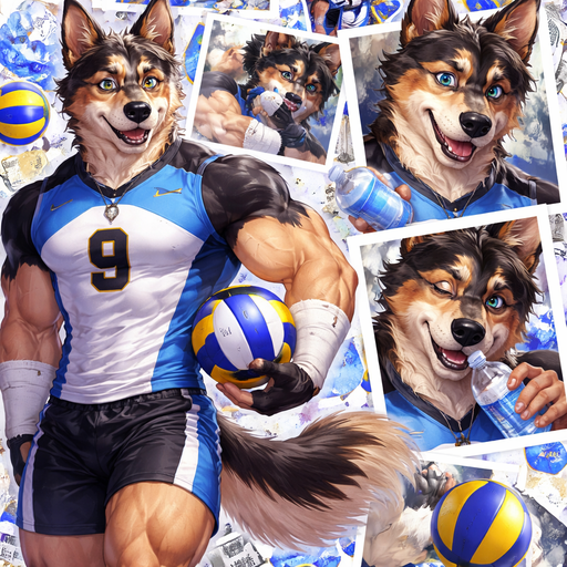 A Full Body and Facial Wallpaper of a Hunky and Chunky a Very Hot and Handsome German Shepard mixed with a Australian Shepard bara furry who is a Volleyball College player and Extremely muscular but not to muscular and Extremely Masculine and Handsome and Ginormous Arms and a Rounded Pecs very Short Strait Hair but tall and a little bit lean. Wearing A Tight Volleyball Jersey and Armbands blushing