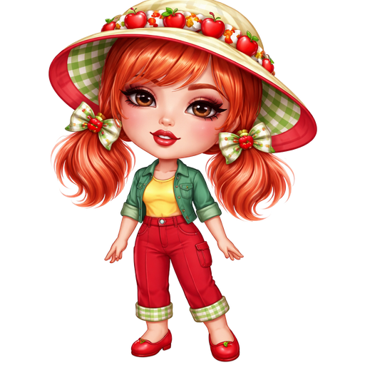 Apple Dumpling From Strawberry Shortcake with a Fair-Light Neutral Buff Skin Tone With a Heart Lip Shape and a Babydoll Eyelash Set Up With a Purple-Red Lipstick Look and A Burgundy Eyeshadow with a S-Shaped Eyebrow and a Prominent Eye-shape and a Oblong Face Shape Wearing a Pale Yellow Brimmed Cloth Foldable Sun Hat with a Pattern of Printed Apples Surrounding the top of it With the Brim being Red and the inside of it being White and Green Plaid With a Soft Autumn Orange Hair and Pink Highlights in a Short Hair Style including Bangs Tied Up in Two Ponytails With the Bows being White and Green Stripes with an Apple in the Middle Wearing a Yellow T-Shirt With a Short Green Jean Jacket Wearing Red Pants With Two Pockets on Each Side with The Bottom of the pants being yellow and When it’s Rolled up it’s White and Green Plaid and the Shoes are Red Flats with a Mature Adult Toned Shape with Vivid and 3D Distinct Features and High Visual Textures in a Soft 4K Intense Polished Shine