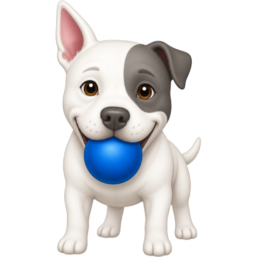 A white pitbull terrier with a gray nose and a gray patch over her right eye and ear and her left ear stands up and she is holding a blue ball
