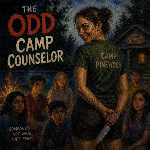 give me a movie cover the odd camp counselor where the camp counselor has scratches all over her face and has a creepy grin, and the campers are all looking at her suspiciously and the counselor is holding a knife behind her back and the campers are nervous that somethings wrong