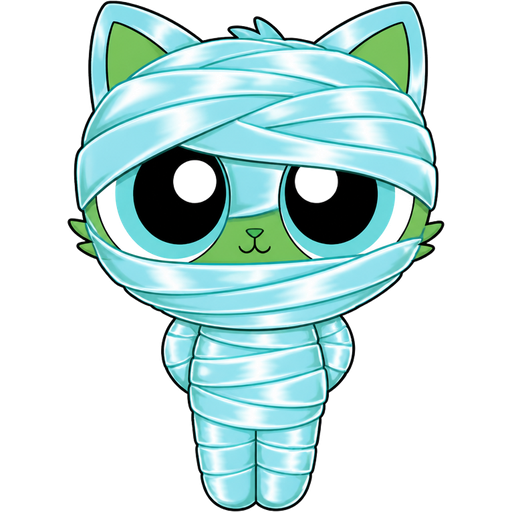 ten layered light cyan slik with white highlights mummy shaped like green boy cat with arms behind back and legs bonded together furry completely covered with ten layered light cyan slik with white highlights mummy in a light cyan slik with white highlights (powerpuff girls version)