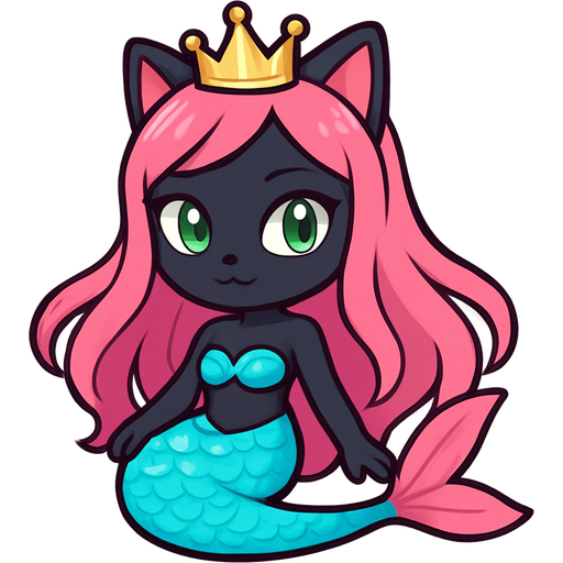 black cat pink long hair crown green eyes very long cyan and white mermaid tail with pink fins swimsuit sonic x style emoji, artistic style
