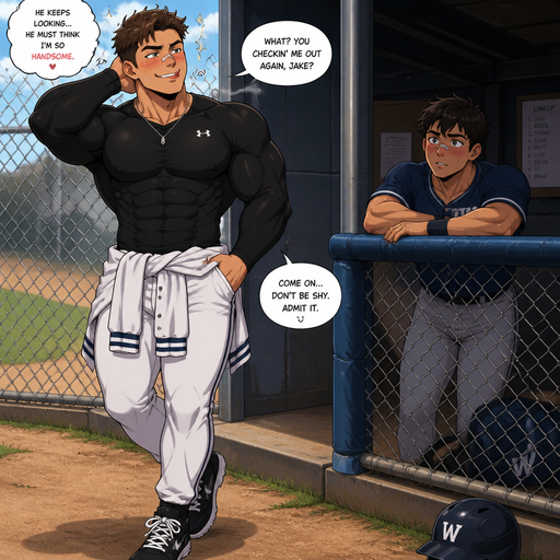 A Full Body anime view of a Bulky and Muscular but more Muscle ANIME CUTE Bara Teenager Who looks Normal and American with a Basic facial structure With PUFFY and BIG Pecs that are visible through the shirt and Biceps with a cut on his nose and thinks he’s so Handsome. Wearing a Baseball Jersey tied around his waist and a tight black long sleeved dry fit shirt on. Questioning his male crush while his crush watches him and blushing when he sees him and he licks his teeth