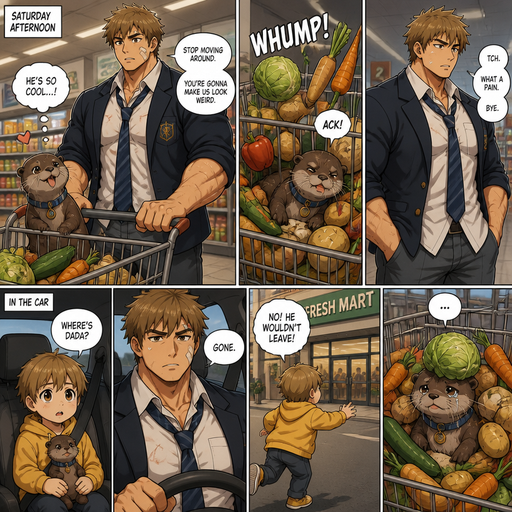 Comic book story about of a Bulky and Beefy and every Muscle is bigger than average and less shredded or mus A Lifelike and Detailed Comic book story about of a Bulky and Beefy and every Muscle is bigger than average and less shredded or muscular with Chunky and Bulky chest and Biceps and his defined abs ANIME Cute Bara Man American 20 year old with a ROUND and BASIC facial structure and Young Adult BARA CUTE that is Peach Toned skin not anything else MALE not to detailed With bigger than average Pecs that are visible through the shirt and Biceps but slim and Athletic Lower body that makes have a V-Tapper Lower Body and a big Bandaid on his nose and Left Cheek and Right Eye brow with Scars all over his Chest and arms. Wearing a no piercings Wearing a baggy School Uniform and tie with Blazar and Pants and yellowish Brown Hair and Bright Light Brown fluffy Hair and Strait with brown eyes and black eyebrows with a Three finger Slash on his Eyebrow. With no Facial Hair.His Pet Otter that has a Collar and has a Huge Crush on him but he doesn’t like the otter back. And the otter one time when shopping with him and didn’t stop moving in the cart and was thrown in the bottom of the cart and a vegetables fall on him and he pushes the Vegetables down more and he looses his tail and leaves him in the grocery store. and the otter’s baby asks were dada in the car and he(the human) says gone the baby tries to deny it and goes inside and saw the Pet Otter