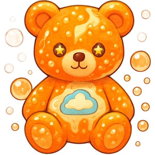 A dreamy orange creamsicle themed teddy bear that looks as if it’s orange soda with rich vanilla ice cream mixed together and soda pop bubbles around it with cute button eyes that match the theme like stars with a cute sky patch that matches