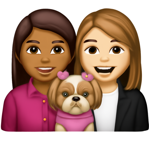 Puedes crear a dos chicas, mejores amigas, en medio de ellas una perrita shih Tzu con monitos rosados y un saquito rosado, la chica de la izquierda piel un poquito morena, que tenga una camisa fucsia de botones y la chica de la izquierda con cabello castaño claro y algunas ilumindcionds más claras aún, con piel blanquita, que tenga puesto una camiseta blanca y un blazer negro encima y que se vean felices como si fuesen mejores amigas con su perrita