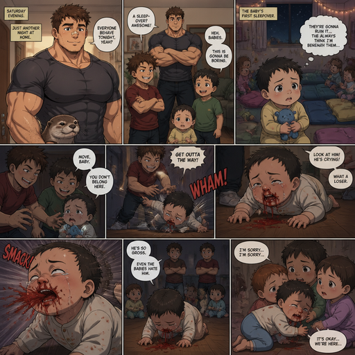 A DETAILED AND LIFELIKE LONG Anime Comic Book story view of a Bulky but Muscular ANIME Cute Bara Man With Peach toned skin Who looks Normal aind round facial Structure and Basic facial structure With Puffy and Big Pecs that are visible through the shirt and Biceps and Bandaid on his nose and Brown short hair that makes them look tough. Wearing normal With his pet Grown and healthy realistic otter and 2 little brothers and baby that are in different ages but young. At the house and the baby is having A Sleep over and is scared that his brother‘s are going to ruin it And they think the baby is beneath them and the baby has a sleepover and the baby sleeps in a comfy bed then the baby flys to the floor from one of the brothers and red comes from the baby’s nose and is on the floor and stained a shirt. and the baby looks up at the brothers and tears filled his eyes but is used to not get nice things. And the baby’s face jerks to the left from him and a lot red comes from his mouth and His nose. And he lowers his head To his brother and embarrassed infront of its friend that are also babys At the Baby‘s sleep over. And Crawls to his frineds for protection