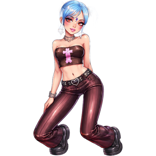 I would like a girl with long blue hair with a braided hairstyle, light red eyes and a dark brown top with a pink leather cross sewn on the top and long tight brown and dark red striped pants with low black shoes: in adult style