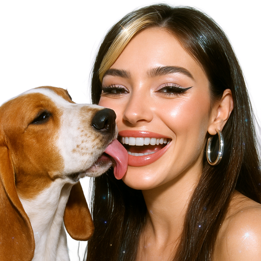 28 year old baddie with full lips high cheek bones hazel eyes very long lashes winged eyeliner sparkly eyeliner and lips very fair skin with long dark brown hair parted to the side with blonde side bangs laughing white a basset hound licks the side of her face