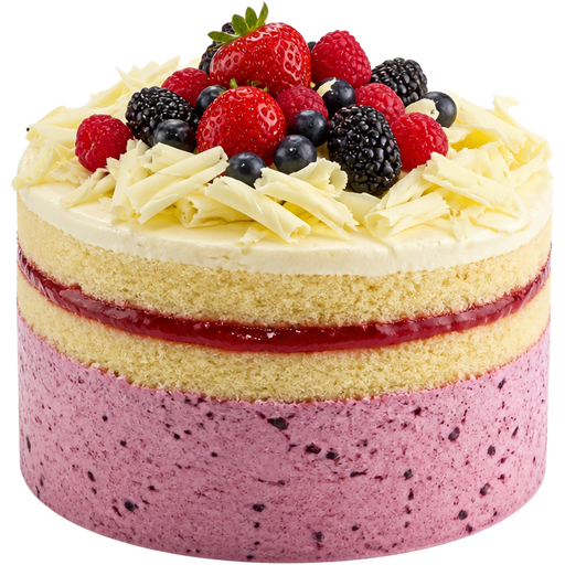 Whole Fresh Berry Cake with Mixed Berry Buttercream at the Bottom and Strawberry Jam in the Middle and Vanilla Buttercream with Big White Chocolate Shavings and Mixed Berries on Top