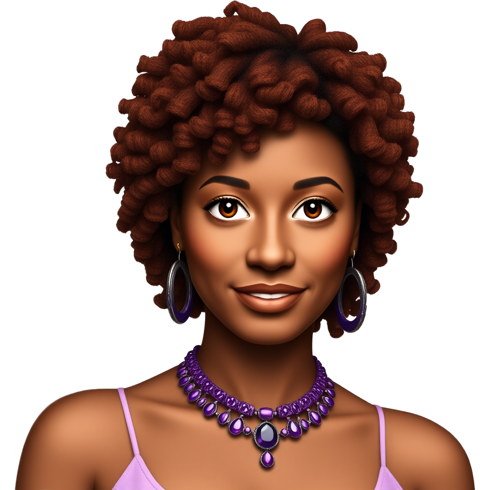 Black woman with shoulder length curly hairstyle. Auburn colored hair. wearing beautiful purple jewelry.