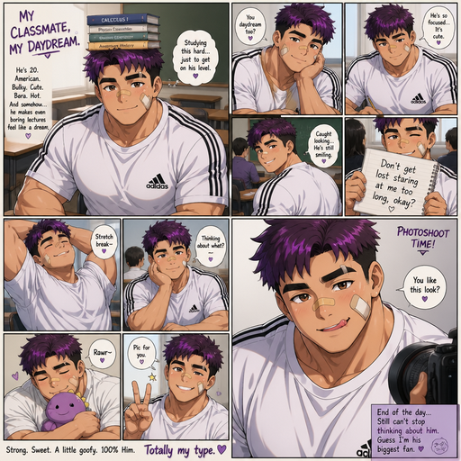 A Full page Anime Comic book story about of a masculine and Bulky ANIME Cute Bara Man American 20 year old with a ROUND and BASIC facial structure and TENAGE BARA CUTE MALE not to detailed With bigger than average Pecs that are visible through the shirt and Biceps and a big Bandaid on his nose and Left Cheek and Right Eye brow. Wearing a no piercings Baggy White Adidas Athletic shirt and Short and Purple Hair and Bright Purple Hair Tips and Strait with brown eyes and black eyebrows. Sitting down with his head still and his eyes looking up at you with a Hot,Cute and Dreamy smile And Balances Books on his head and doing other cute and Hot stuff in classrooms and Licking his lips at a Photoshoot.