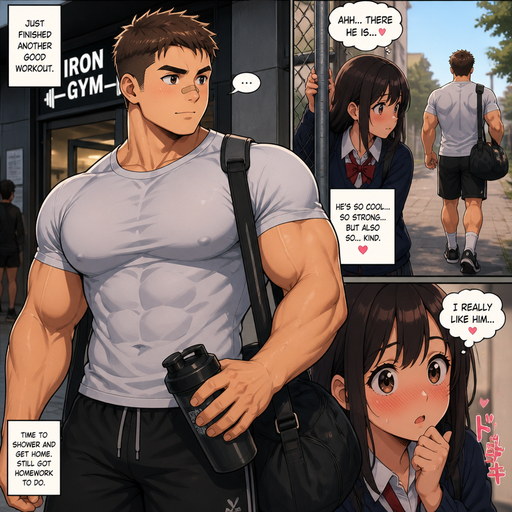 An Anime Comic book story Manly and Masculine Really Buff with the Perfect Physique ANIME Cute Bara Man Who looks Normal and American High schooler build and not to grown up with a round facial Structure and Basic facial structure With Puffy and Big Pecs that are visible through the shirt and Biceps and Bandaid on his nose and Short hair that makes him look Tough. Wearing a Normal Clothes. Coming form the gym with his crush watching him