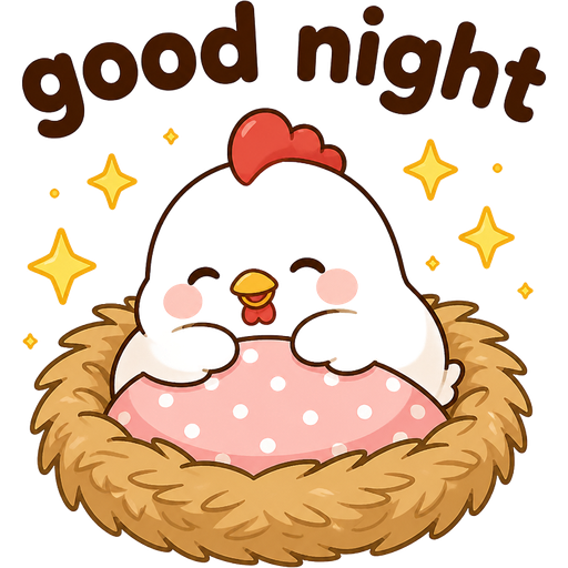 A white chicken smiling as sits in a nest to sleep with words “good night” above! sparkles around, the image should be similar to mochi cat, the writing must be easy to see not faded