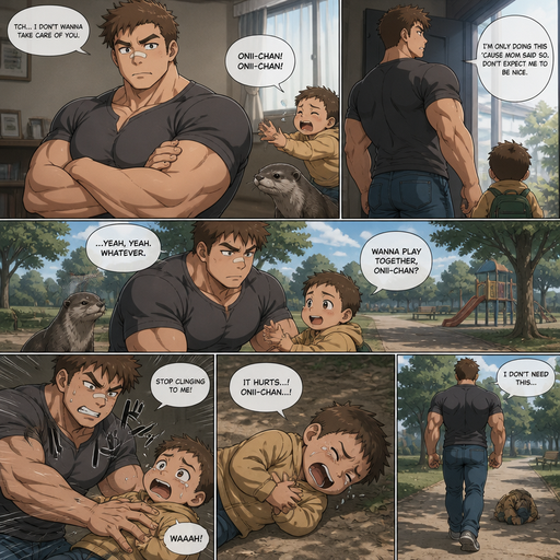 A DETAILED AND LIFELIKE ANIME Comic Book story view of a Bulky but Muscular ANIME Cute Bara Man With Peach toned skin Who looks Normal aind round facial Structure and Basic facial structure With Puffy and Big Pecs that are visible through the shirt and Biceps and Bandaid on his nose and Brown short hair. With A realistic otter and baby brother. And He doesn’t like his baby brother And he goes and take his baby brother to the park. And his hand pushes down On the baby brother‘s chest and Cries laying on side holding his chest. And he walks away from the baby.