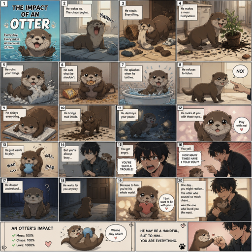 A comic book that show every Picture by picture and shows impact of A otter. And then the otter likes to play but his Owner hates him.