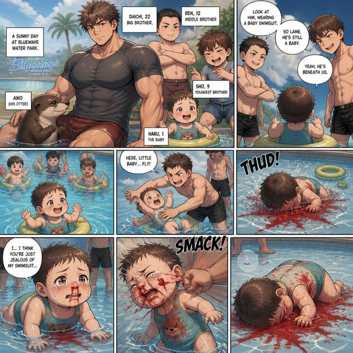 A DETAILED AND LIFELIKE LONG Anime Comic Book story view of a Bulky but Muscular ANIME Cute Bara Man With Peach toned skin Who looks Normal aind round facial Structure and Basic facial structure With Puffy and Big Pecs that are visible through the shirt and Biceps and Bandaid on his nose and Brown short hair that makes them look tough. Wearing normal With his pet Grown and healthy realistic otter and 2 little brothers and baby that has A Cute swims that are in different ages but young. At the pool And they think the baby is beneath them and the baby has fun with his Baby friends then the baby flys to the floor from one of the brothers and red comes from the baby’s nose and is on the shallow water and stained a shirt. and the baby looks up at the brothers and tears filled his eyes and tell them that he thinks they‘re just jealous of his swimsuit. And the baby’s face jerks to the left from him and a lot red comes from his mouth and His nose and his head looks down and can’t gather his strength