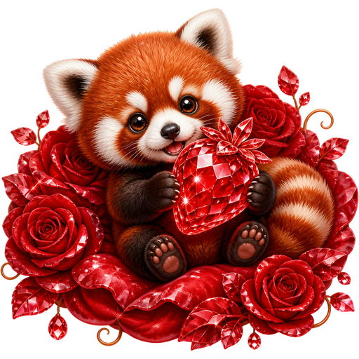 Gör en röd panda bebis som håller i en jordgubbe som är kristall, röd och har en röd rosen säng och ligger i