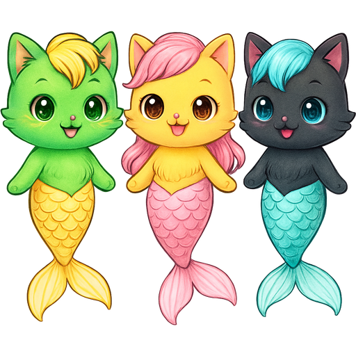 Male green cat happy with yellow hair with long yellow and white mermaid tail with light yellow fins Male yellow cat happy with pink hair with long pink and white mermaid tail with light pink fins Male black cat happy with cyan hair with long cyan and white mermaid tail with light cyan fins jewelpet style artistic creation, beautiful art