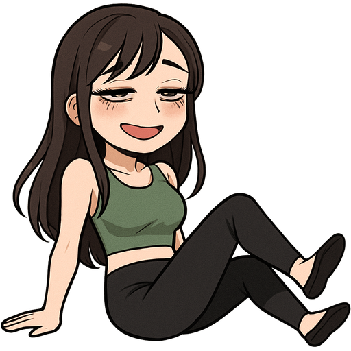 32 year old pretty girl extra long eyelashes super long dark brow hair with side swept bangs full but not too full lips, sitting on the floor after falling on her butt wearing a green crop top black leggings leaning back on her two hands with legs slightly kicking upward. Eyes Half closed and a almost drunk wiggly smile on her face