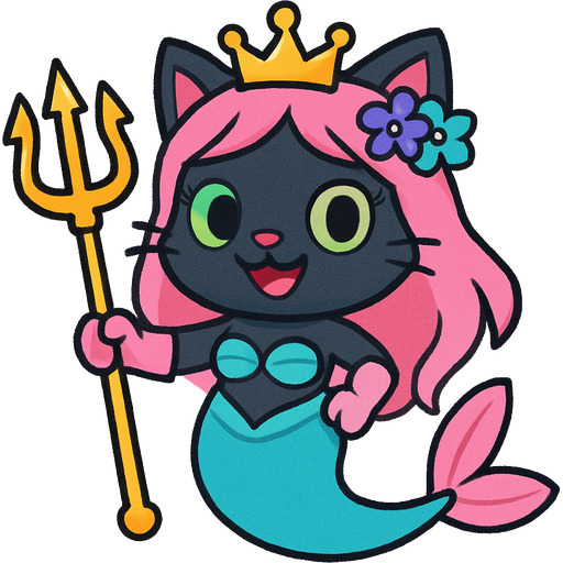 black cat smiling pink long hair golden crown purple and blue flowers green eyes light pink gloves very long cyan mermaid tail with pink fins swimsuit cyan holding a golden trident happy tree friends style fan character emoji, expressive cute style