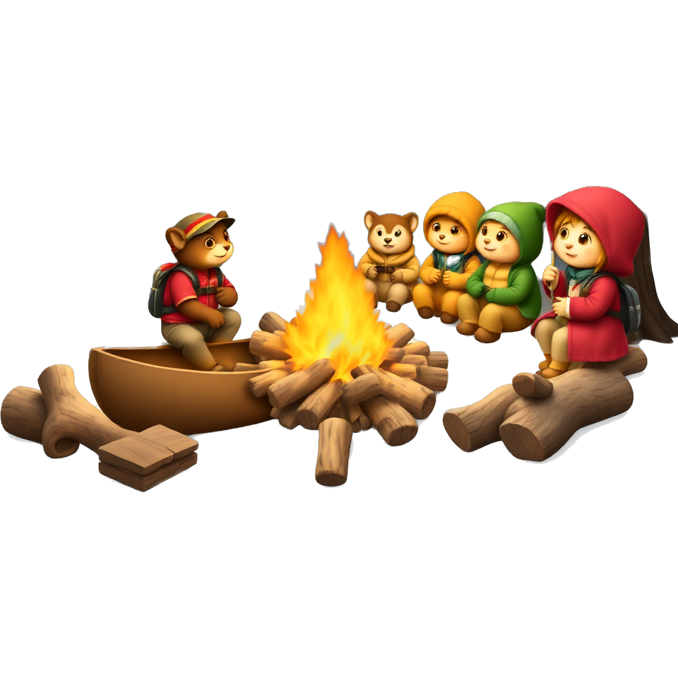 "🏕️🎣 A cozy campfire scene with a canoe beside a tranquil lake, surrounded by whimsical trees wearing lanterns and fairy lights, where cheerful animals in colorful camping gear gather to tell stories under a starry sky."