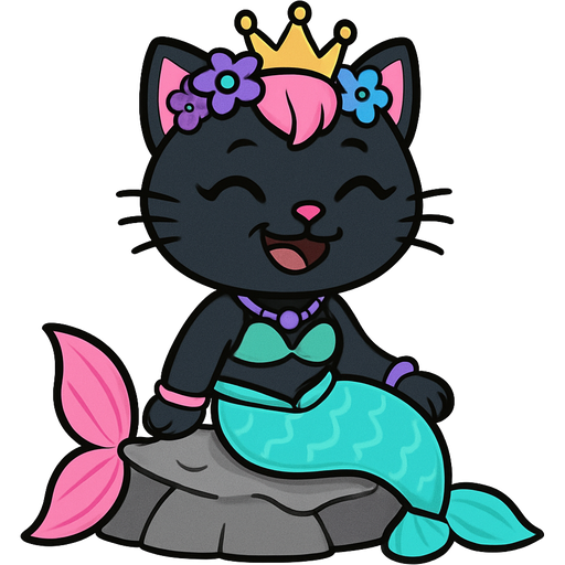 happy black cat with pink hair purple and blue flowers golden crown purple and green necklace pink and blue bracelets green swimsuit top long cyan and white mermaid tail with pink fins sitting on a rock happy tree friends style