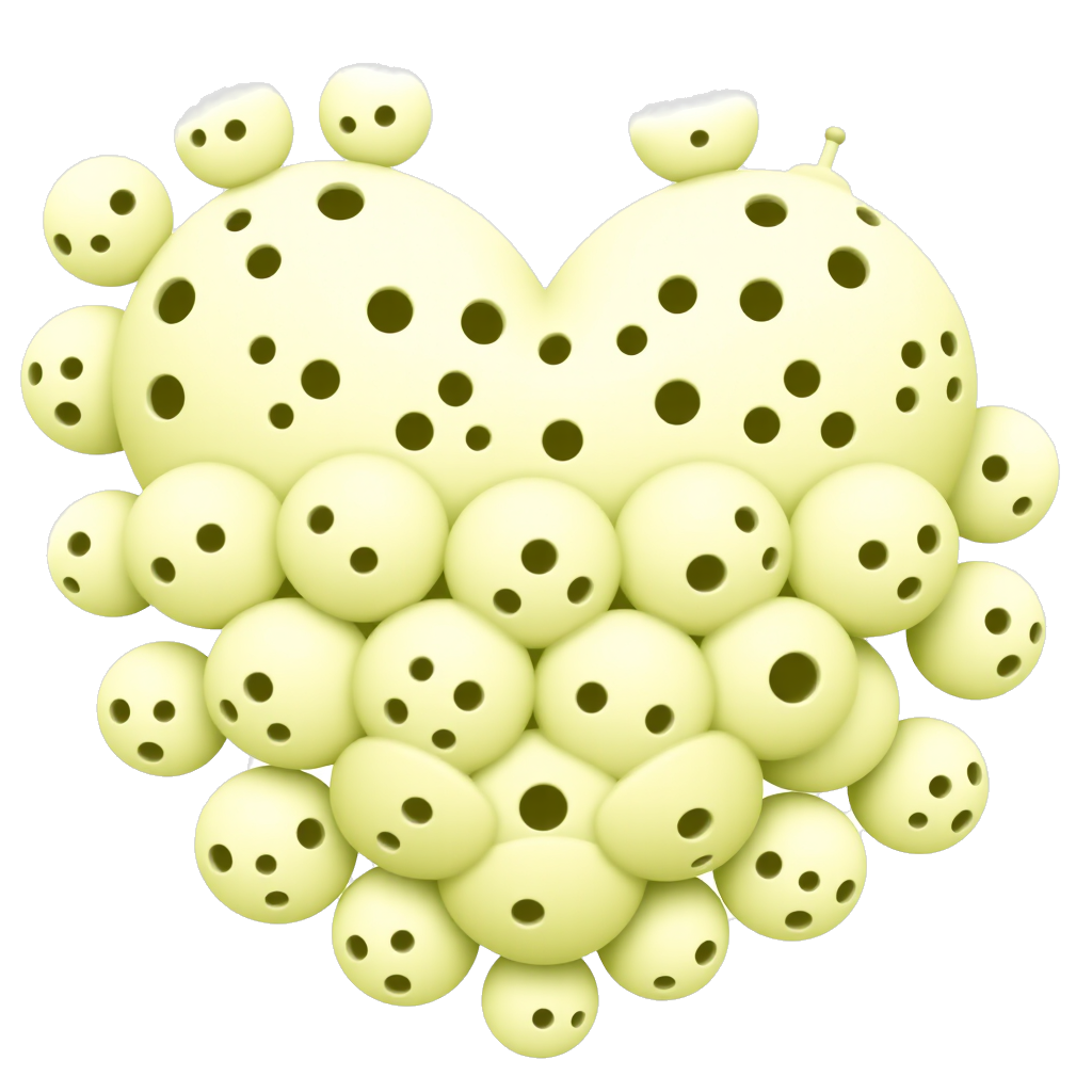 A valentines heart made of many lime green heavily perforated pickleballs with 10 holes visible in each ball