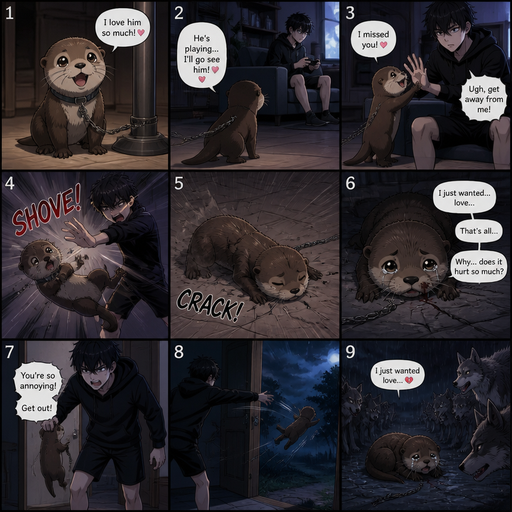 A comic book Picture by picture and shows impact of a A baby otter that is connected to a pole and went to his male Cute and Handsome wearing a Black Hoodie and Shorts owner who was playing video games on he couch in his house to go and the otter tries to hug him but the otter was pushed away flys to floor and cracks. And the otter doesn’t get up and the otter talks about how it just wants love. And the owner throws him outside and he Cries and curls up while wolves surround him