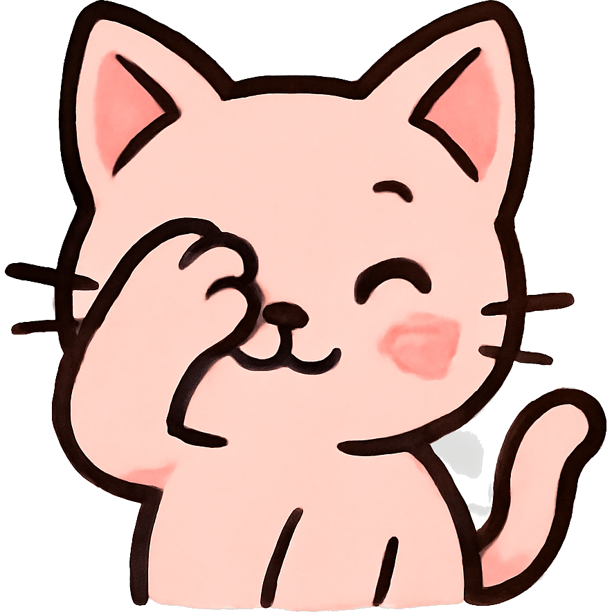 cute, pinkish cartoon cat covering one eye with its paw, blushing slightly, and looking playful or shy.