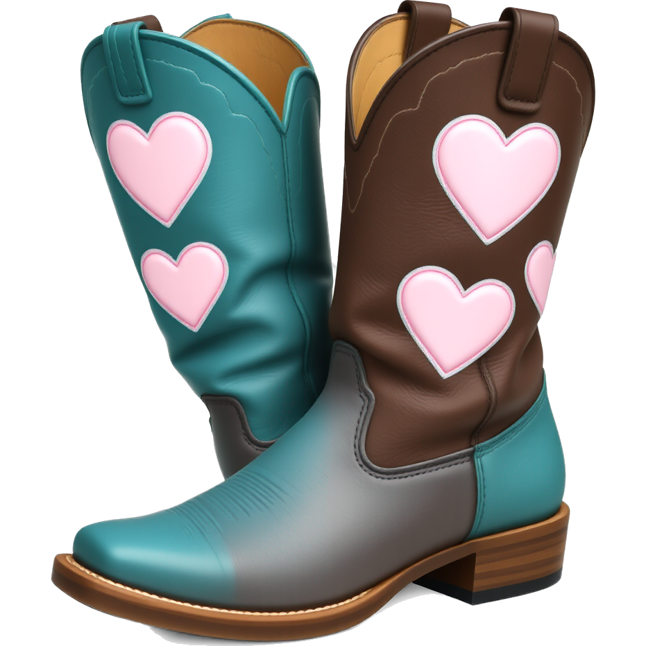 Dark Brown Cowboy boots with turquoise upper section and pale pink hearts that are outlined by a little bit of silver glitter
