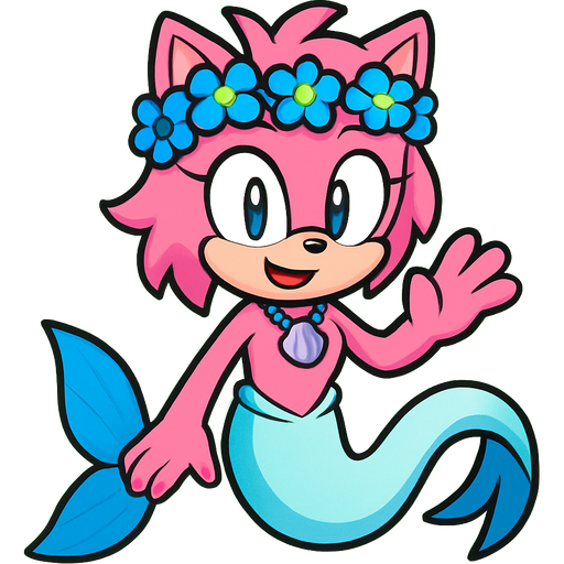 Male pink anthro cat with pink hair blue flower crown with light purple shell necklace long cyan and white mermaid tail with blue fins sonic x style