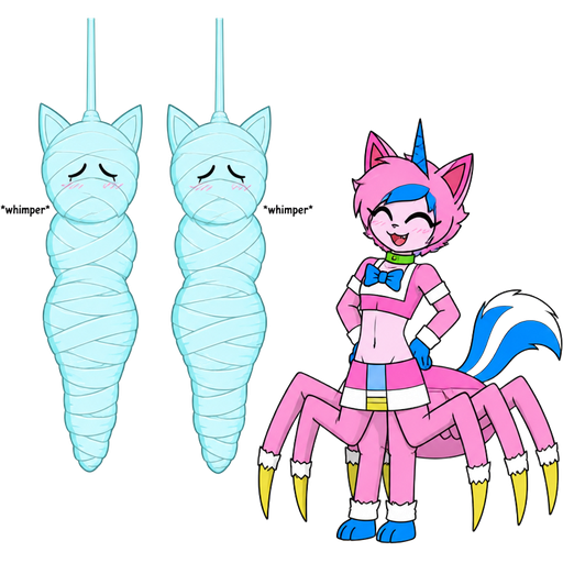 cartoon network version wrapped up and mummified fully covered in a #B8FFFF spider slik cocoon shaped like anthro cat girl anthro whimper arms behind back with #B8FFFF spider slik wrappings completely covered with thick layers non-transparent #B8FFFF spider slik wrappings hanged to the ceiling *whimper* on the left side next to wrapped up and mummified fully covered in a #B8FFFF spider slik cocoon shaped like anthro cat girl anthro whimper arms behind back with #B8FFFF spider slik wrappings completely covered with thick layers non-transparent #B8FFFF spider slik wrappings hanged to the ceiling *whimper* the left side next to happy eyebrows anthro femboy pink cat drider with blue and white tail white wrists blue hands white ankles yellow tips on spider legs green collar blue unicorn horn wearing femboy clothing based on unikitty