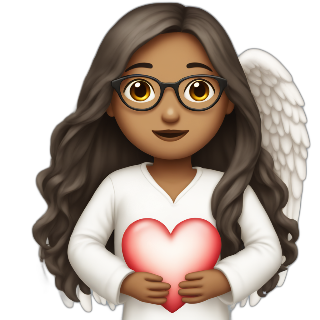 The most beautiful girl in the world in an angel image that has long straight hair with glasses and dark hair holding a heart with a warm face
