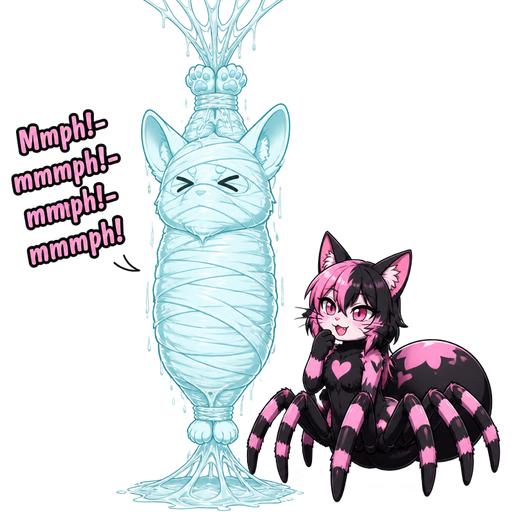 #B8FFFF mummified completely covered corgi shaped slikworm cocoon completely covered with thick coat of #B8FFFF spider slik hanging on the ceiling by wrists tied up together with #B8FFFF spider webs completely covered with thick coat of #B8FFFF spider slik and ankles tied up together with #B8FFFF spider webs completely covered with thick coat of #B8FFFF spider slik on the floor Mmph!-mmmph!-mmph!-mmmph! next to pink and black cat pink and black spider drider