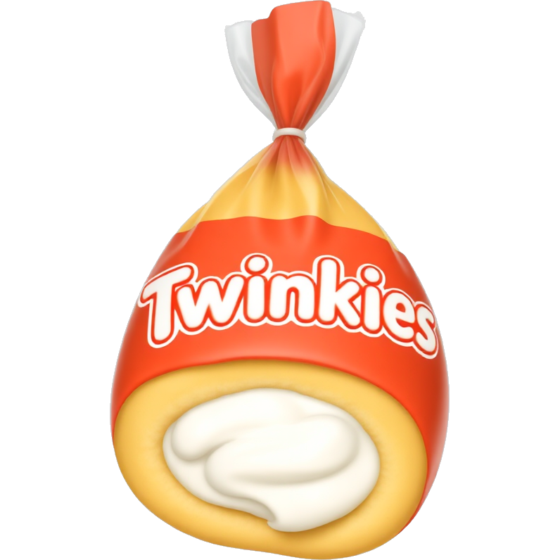 A dark yellow oblong pastry filled with whipped cream wrapped in a red and clear plastic covering that has the word “Twinkies” on it.