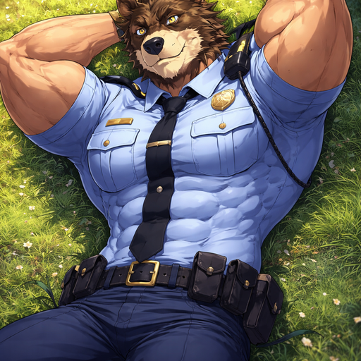 A Anime Full Body and Face of a Muscular and Buff with Gigantic Pecs AND biceps. VERY Masculine and handsome Bara Furry Bear with a Very Good-looking Face and Blue eyes with a wrestler type body. Buttoned up in a Police Uniform. Laying down on a grass looking up