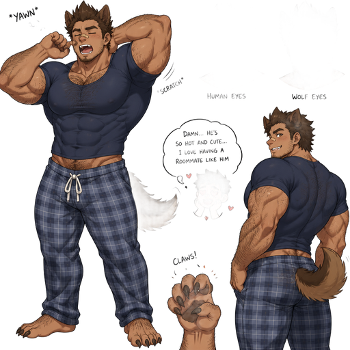 An Anime comic book of a Bulky and Slim and Small Waist and Huge Biceps but Muscular and more Muscle than Fat ANIME Cute Bara Man Who looks Normal and American with a round facial Structure and Basic facial structure With Puffy and Big Pecs that are visible through the shirt and Biceps and Bandaid on his nose. Wearing a Pajamas walking waking up in the mornin yawning and Scratching his back g, and his roommate finds Hot and Cute, and has anthropomorphic features like a Dog tail and Ears and Teeth and more body hair not Hair on his head and has claws and no human ears and more hair on his head but still short and can change eyes from human to wolf