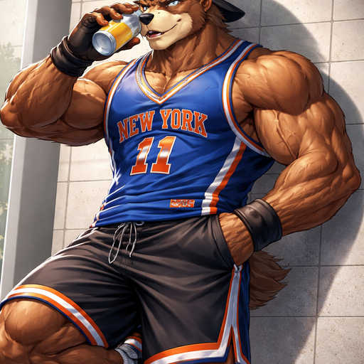 A Anime Full BODY and FACE of a Muscular and Buff with Gigantic Pecs AND biceps. VERY Masculine and handsome Bara Furry Bear with a Very Good-looking and Dreamy Face and Blue eyes with a wrestler type body. Dressed in a Baggy nicks Basketball Jersey and Black shorts and tennis shoes and a Backwards Baseball Hat. Leaning on the wall drinking a Beer
