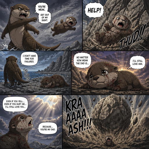 A comic book of a baby otter thrown at a rock by a bigger otter, and says help but he doesn’t and walks away. And the otter Weakly talks back to the days, and says no matter how mean the dad is he’ll still love him. And then a boulder falls