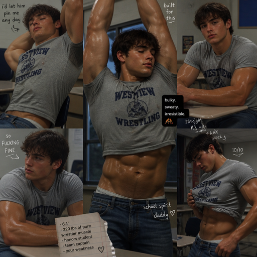A Bulky American Teenager with Bulky Arms and a Chest a Manly and Masculine looking face with Dark Brown hair and brown eyes and Tall Grotesque wrestler’s body and Perfect Physique. Drenched in Sweat. Wearing a School Spirit short that’s Tight around the waist when he stretches and Jeans. Stretching in a chair with a Desk. And Irresistible and Cute