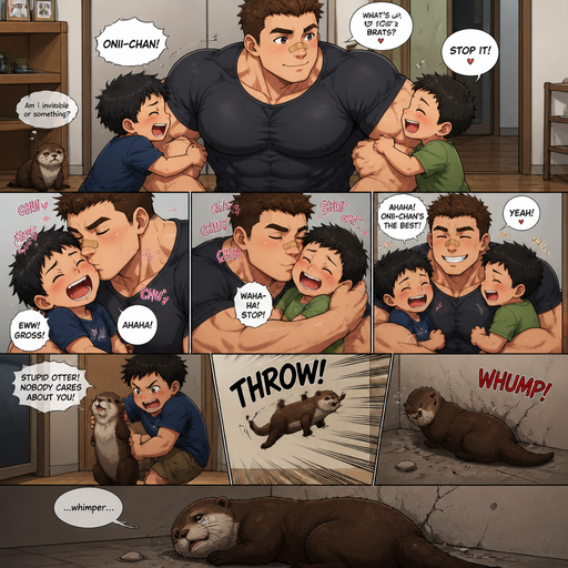 A DETAILED AND LIFELIKE ANIME Comic Book story view of a Bulky but Muscular ANIME Cute Bara Man With Peach toned skin Who looks Normal aind round facial Structure and Basic facial structure With Puffy and Big Pecs that are visible through the shirt and Biceps and Bandaid on his nose and Brown short hair that makes them look tough. Wearing normal With his pet Grown and healthy realistic otter and 2 little brothers that are in different ages but young. And he annoys the little brother’s and he kisses them all over their faces, and they laugh with joy. But the otter is left out and no one cares for him and and a brother picks him up and it flys to the wall and it layed there on its side whimpering