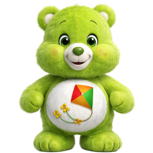 Do-Your-Best Lime Green Care Bear with a Red,Yellow, Orange and green Kite and three yellow bows on the string on its stomach white fur on the inside of its ears and a dark green heart nose