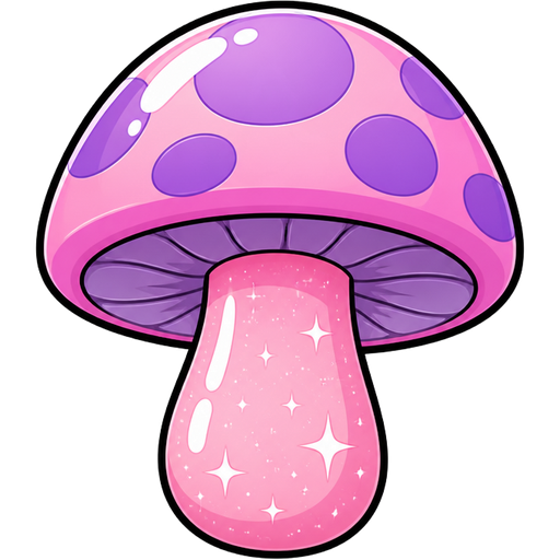 ghibli style | pink and purple mushroom | sparkle pink stem | ghibli style | vector-cartoon | glossy cel-shading | bold smooth black outlines