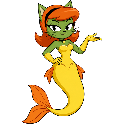 green cat anthro with yellow dress attached to long yellow mermaid tail with orange fins yellow gloves orange hair based on kitty katswell