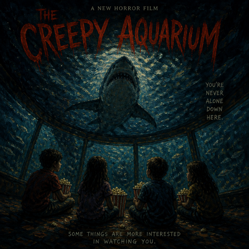give me a movie cover called the creepy aquarium where kids are sitting down inside of aquarium eating popcorn while the shark goes. Inside of the aquarium is looking above them and the kids are not paying attention and it’s dark in there and nobody’s around them. A new horror film.