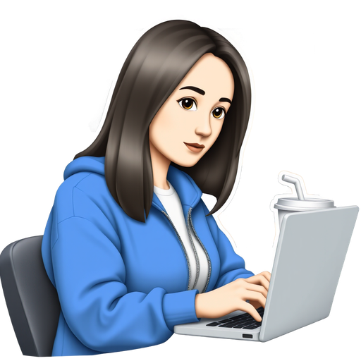“Sticker of a female character matching the pose and camera angle of the reference photo, blue zip hoodie, white tee, typing on laptop, takeaway cup at right, simplified abstract painting motif behind, clean vector, bold outline, flat colors, soft ambient shadow, Telegram sticker style, 1:1, transparent background.”