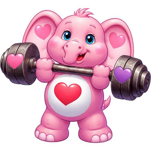 Lotsa Heart Elephant Care Bear with an old iron imperial Dumbbell and a heart on each side with on one sides of the old iron imperial dumbbell the color is dark purple and the heart is pink and on the other side of the old iron imperial dumbbell the heart is purple and the imperial hand weight is pink on its stomach